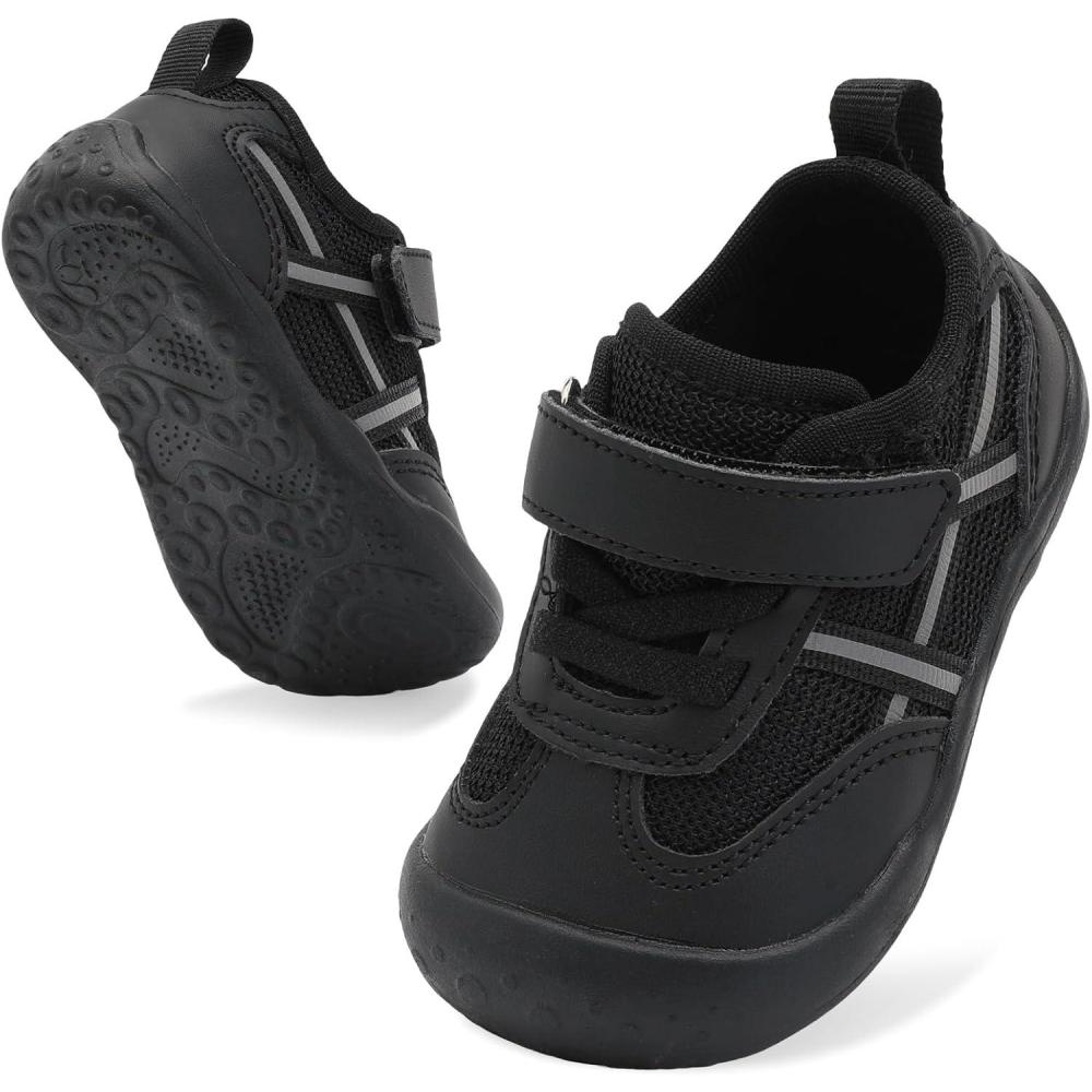 Scurtain Baby Shoes Boy Girl First Walking Shoe Infant Crib Breathable Sneakers Lightweight Barefoot Shoes for Babies(Black)