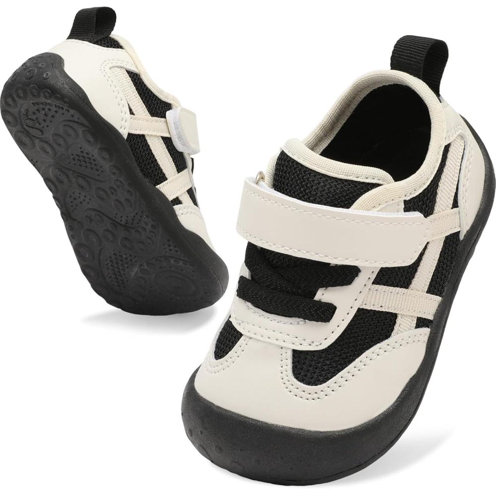 Scurtain Baby Shoes Boy Girl First Walking Shoe Infant Crib Breathable Sneakers Lightweight Barefoot Shoes for Babies(Black/White)