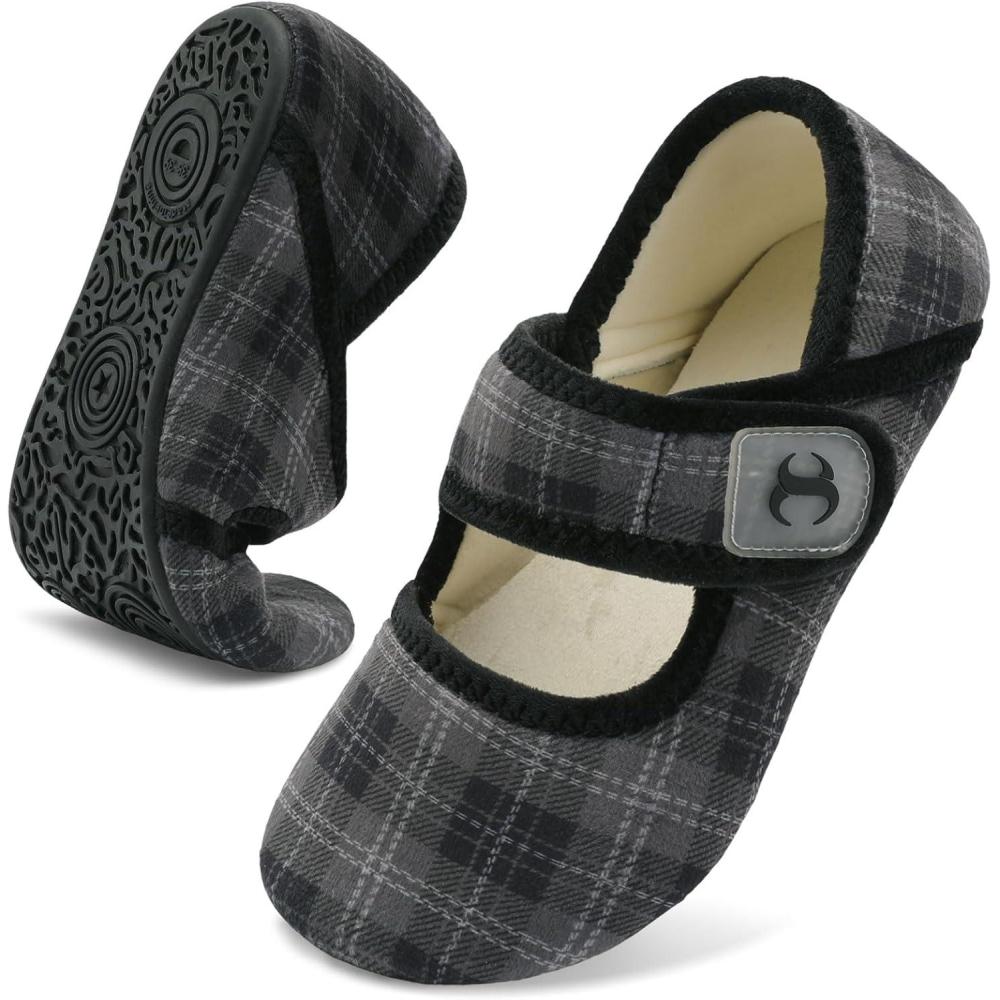 Comfy House Slippers for Women & Men – Wide Diabetic Sock Slippers, Soft & Cozy Barefoot House Shoes(Plaidblack)
