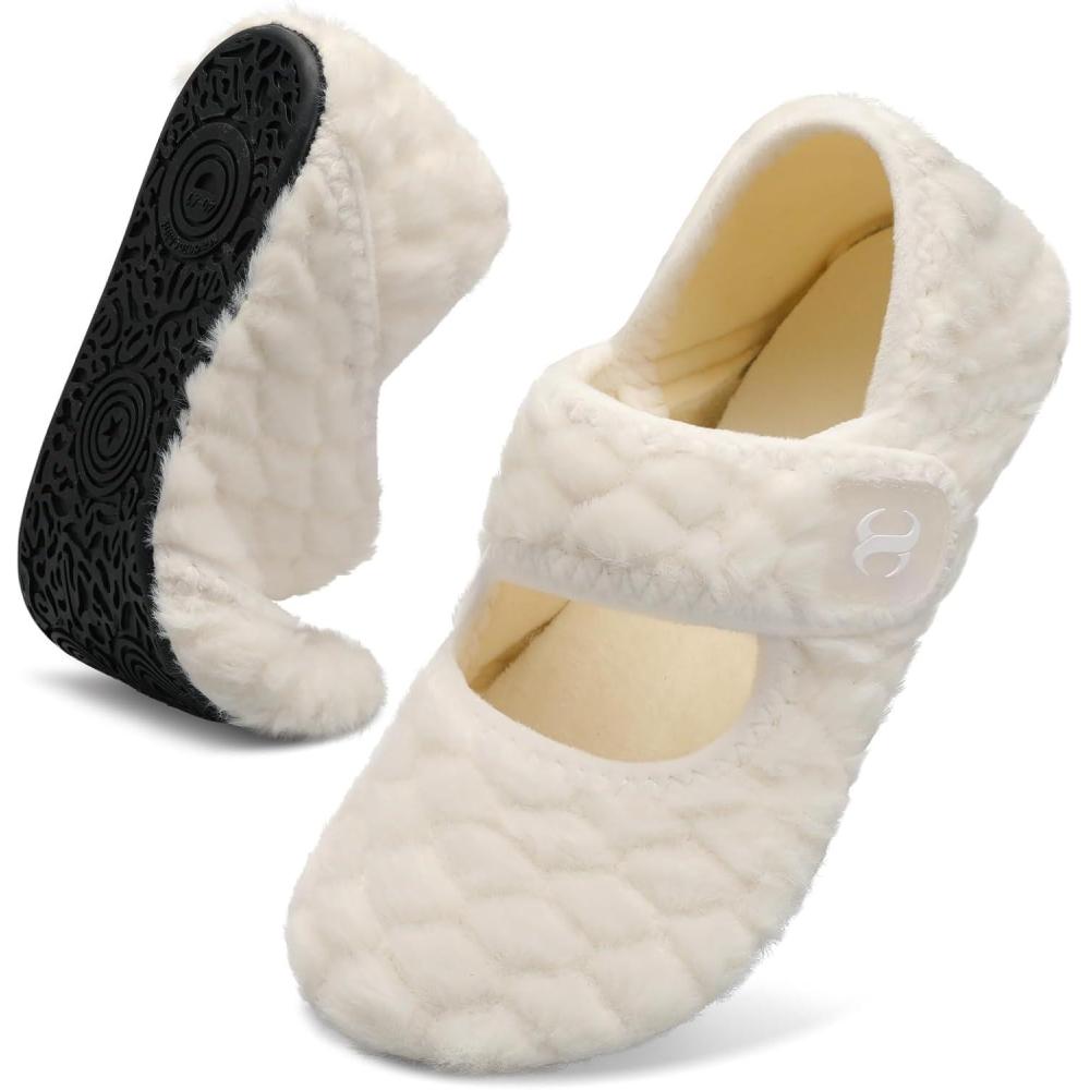 Comfy House Slippers for Women & Men – Wide Diabetic Sock Slippers, Soft & Cozy Barefoot House Shoes(Whitefur)