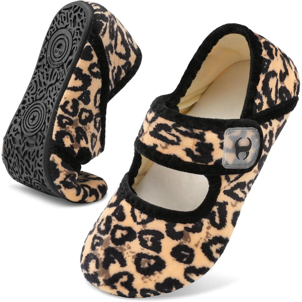 Comfy House Slippers for Women & Men – Wide Diabetic Sock Slippers, Soft & Cozy Barefoot House Shoes(Brownleopard)