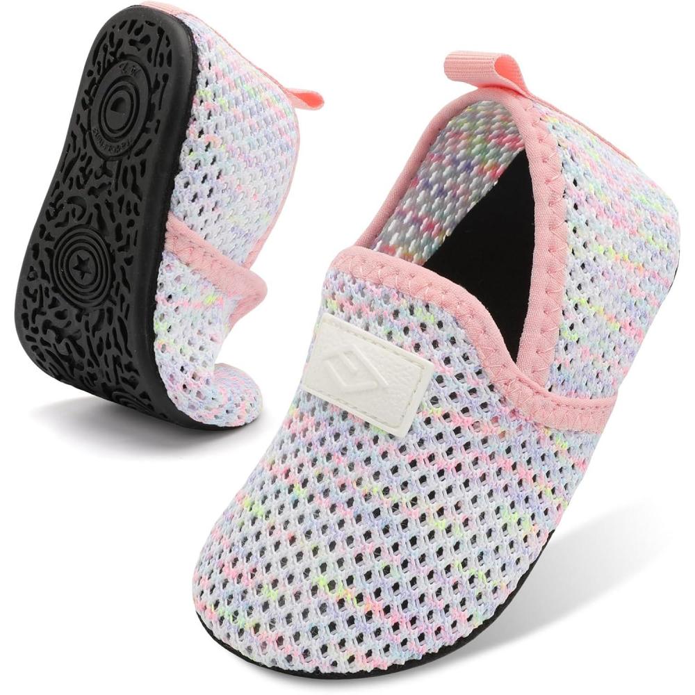 Lefflow Toddler Water Shoes Kids Quick Dry Beach Swim Socks Shoes Baby Non Slip House Slippers(Mesh Multipink)
