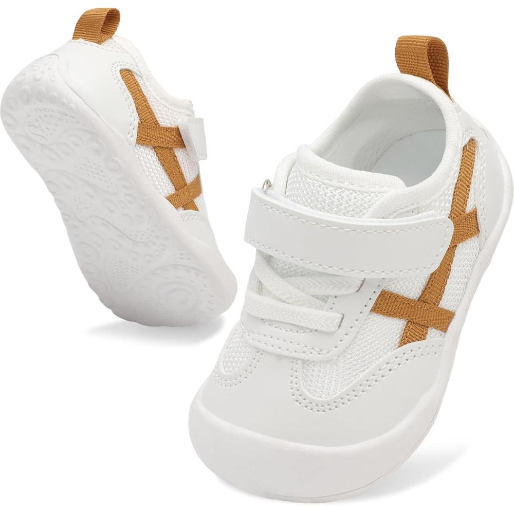 Scurtain Baby Shoes Boy Girl First Walking Shoe Infant Crib Breathable Sneakers Lightweight Barefoot Shoes for Babies(Whitebrown)