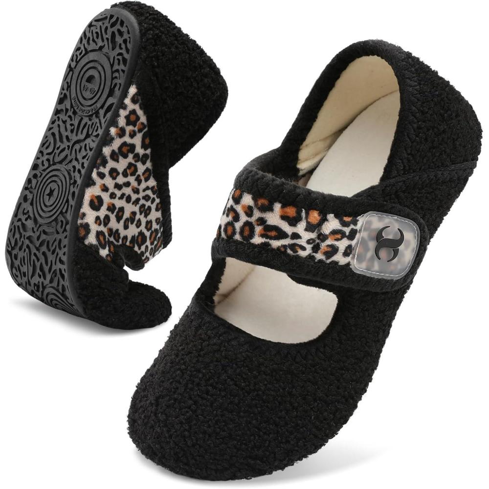 Comfy House Slippers for Women & Men – Wide Diabetic Sock Slippers, Soft & Cozy Barefoot House Shoes(Blackleopard)