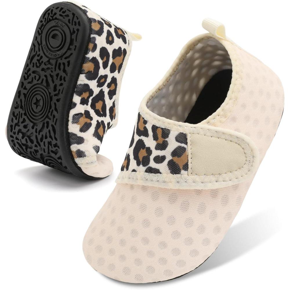 Lefflow Toddler Water Shoes Kids Quick Dry Beach Swim Socks Shoes Baby Non Slip House Slippers(Strapspleopard)