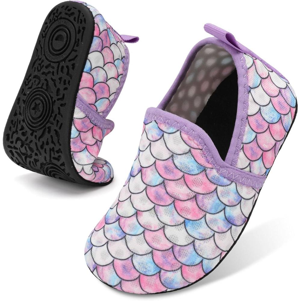 Lefflow Toddler Water Shoes Kids Quick Dry Beach Swim Socks Shoes Baby Non Slip House Slippers(Purplemermaid)