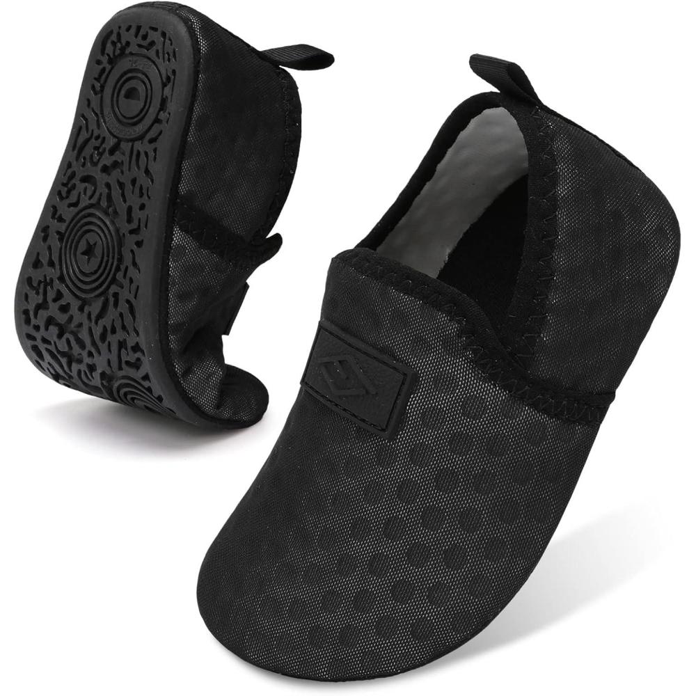 Lefflow Toddler Water Shoes Kids Quick Dry Beach Swim Socks Shoes Baby Non Slip House Slippers(A-black)