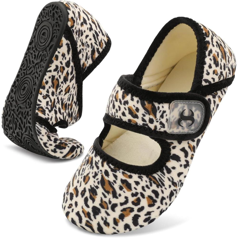 Comfy House Slippers for Women & Men – Wide Diabetic Sock Slippers, Soft & Cozy Barefoot House Shoes(Beigeleopard)