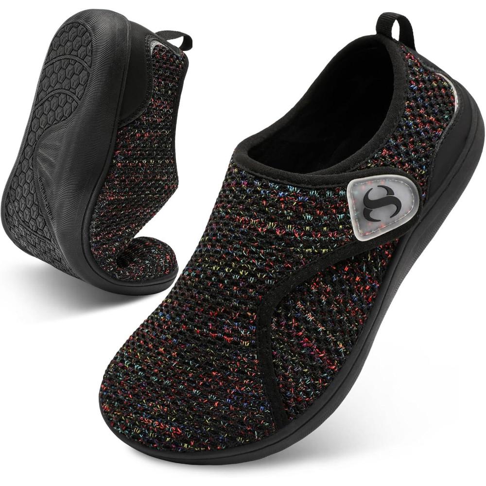 Womens Walking Shoes Comfortable Wide Diabetic Shoes Adjustable Zero Drop Edema Shoe Breathable Neuropathy Nursing Shoes Casual Wide Width Sneakers(Mixblack)
