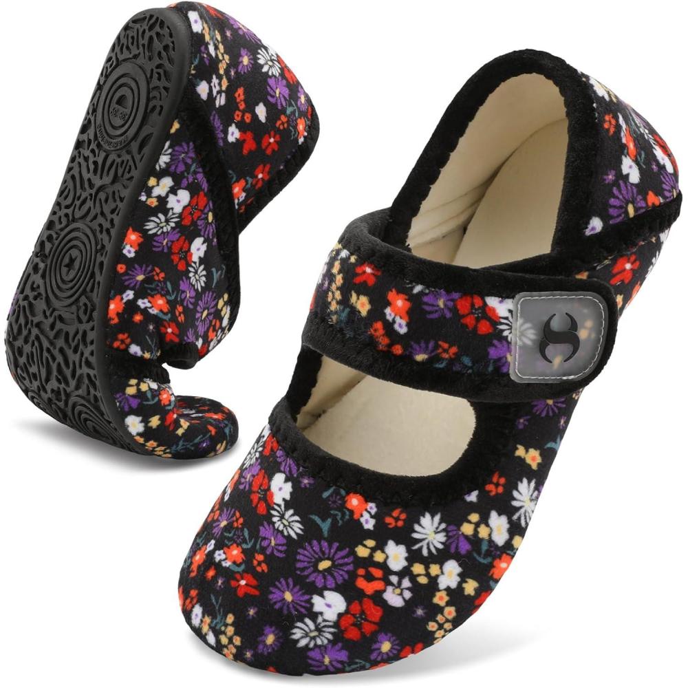 Comfy House Slippers for Women & Men – Wide Diabetic Sock Slippers, Soft & Cozy Barefoot House Shoes(Blackflower)