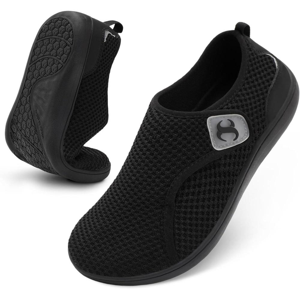 Mens Walking Shoes Wide Diabetic Orthopedic Recovery Shoes Comfortable Lightweight Barefoot Zero Drop Sneakers Adjustable Indoor Outdoor Shoes(Black)