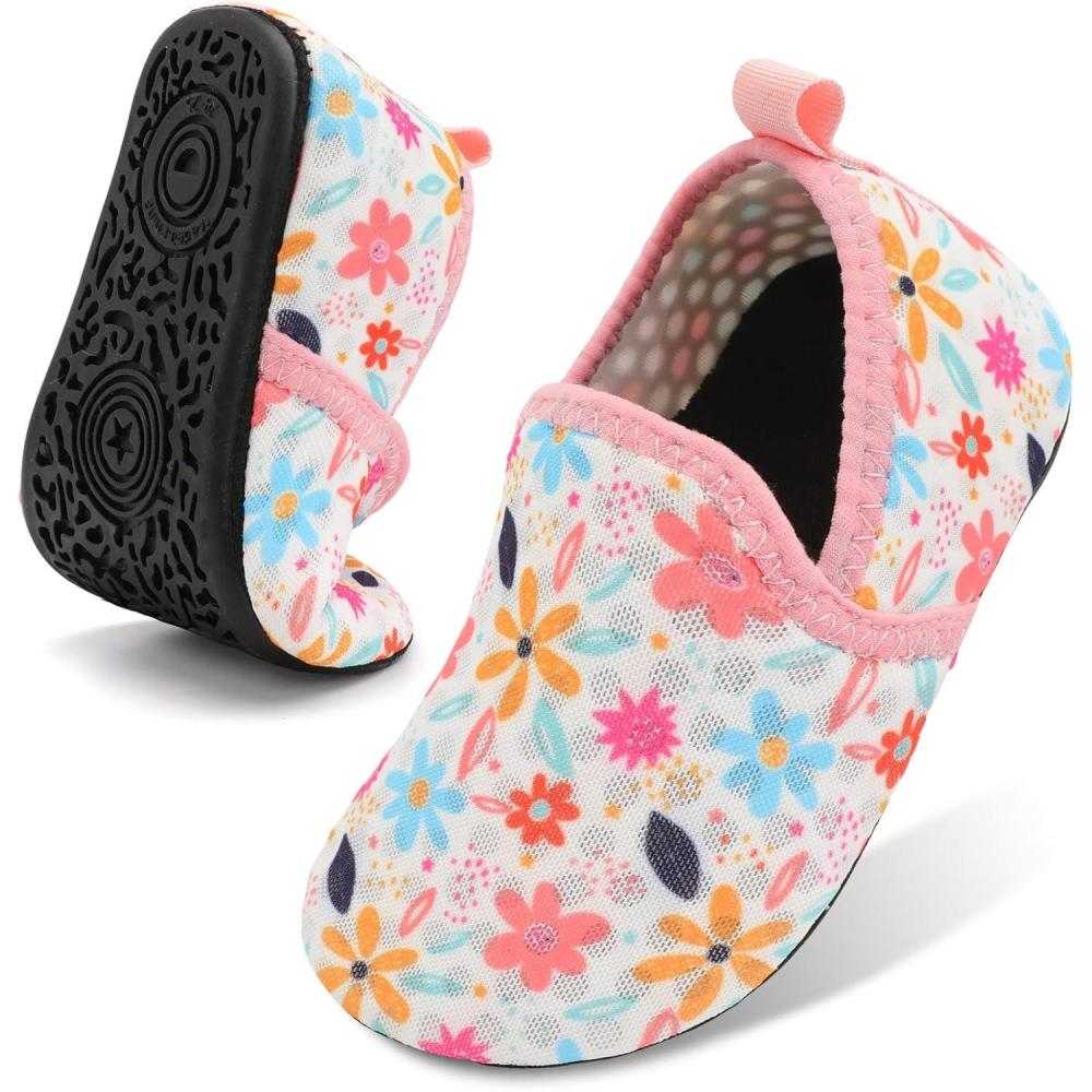 Lefflow Toddler Water Shoes Kids Quick Dry Beach Swim Socks Shoes Baby Non Slip House Slippers(Flower)