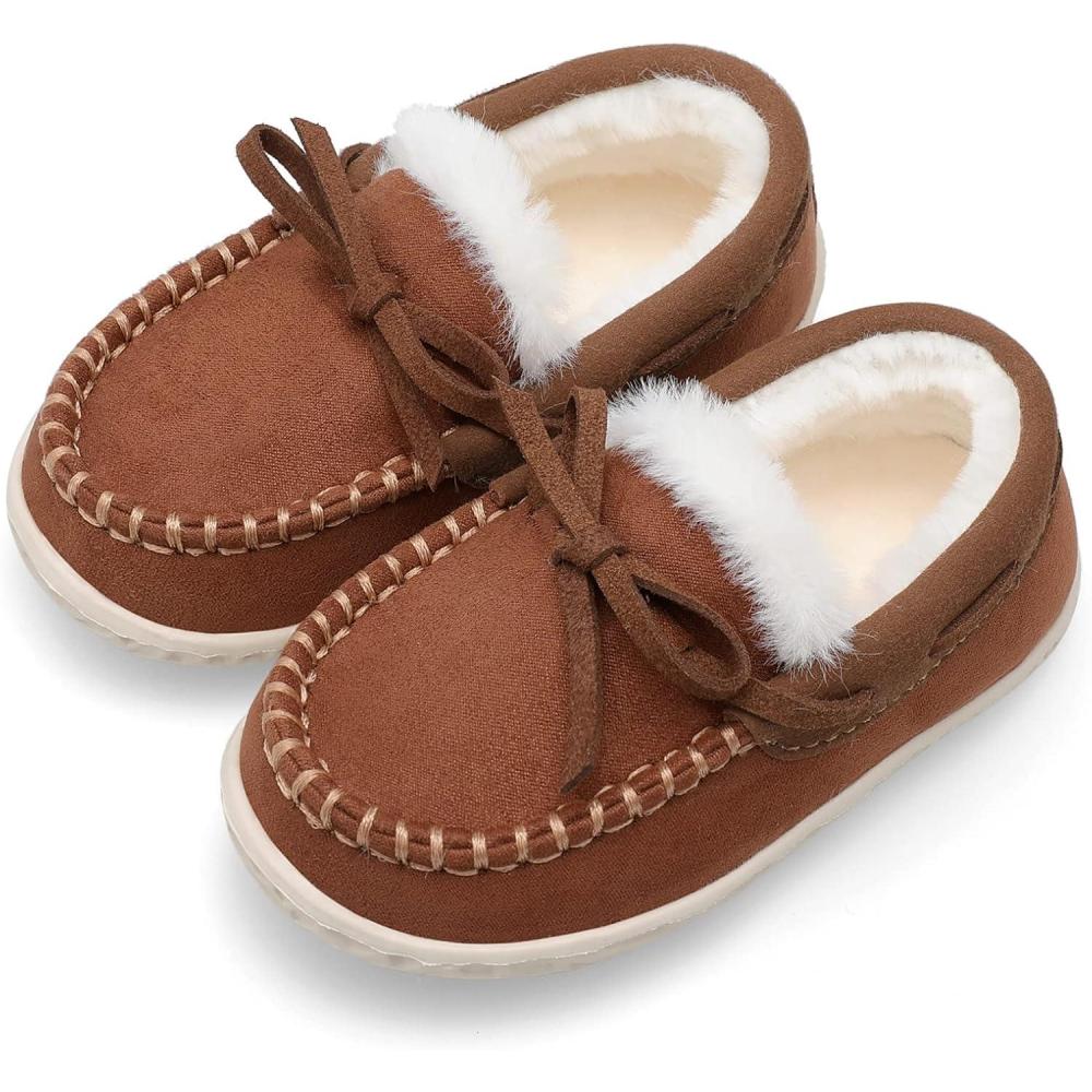 Scurtain Unisex Kids Toddler Slippers Suede Moccasin Slippers for Boys Girls Baby Lined with Warm Fur(Solid Brown)