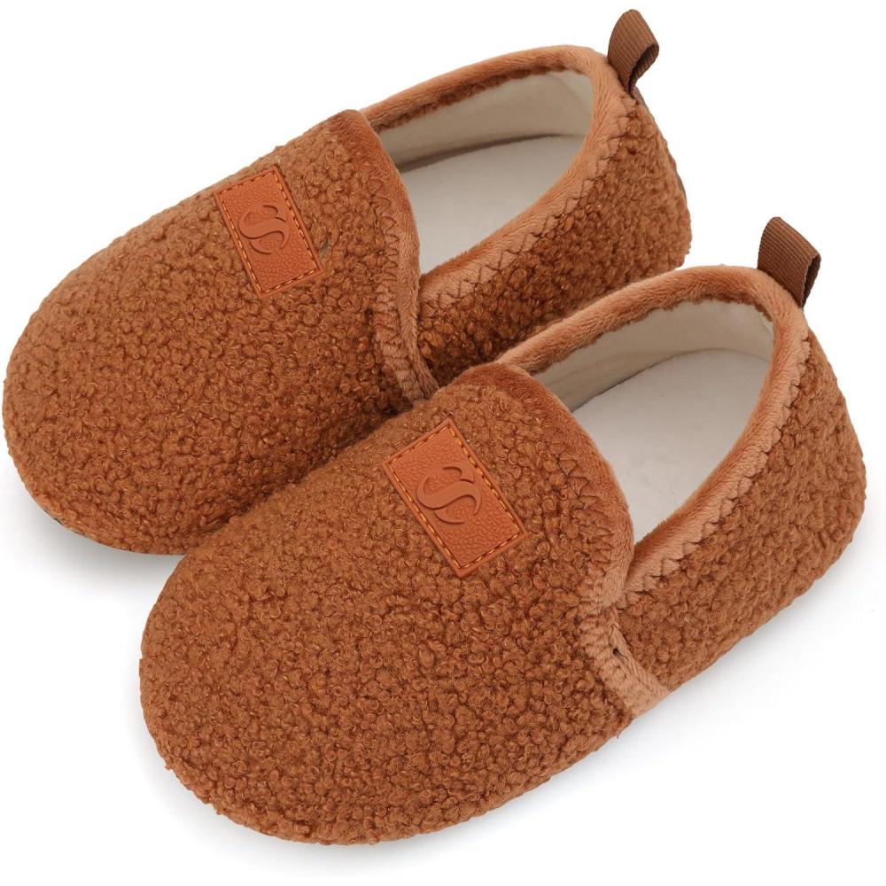 Scurtain Unisex Big Kids Little Kids Slippers Socks Artificial Woolen Slippers with Non-slip Rubber Sole for Big Boys Girls Little Boys Girls(Brown)