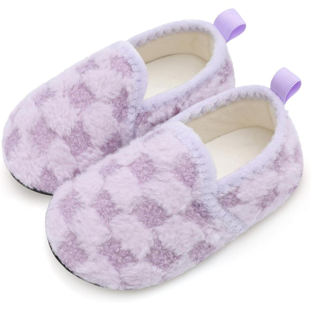 Scurtain Unisex Big Kids Little Kids Slippers Socks Artificial Woolen Slippers with Non-slip Rubber Sole for Big Boys Girls Little Boys Girls(Purple/Lattice)
