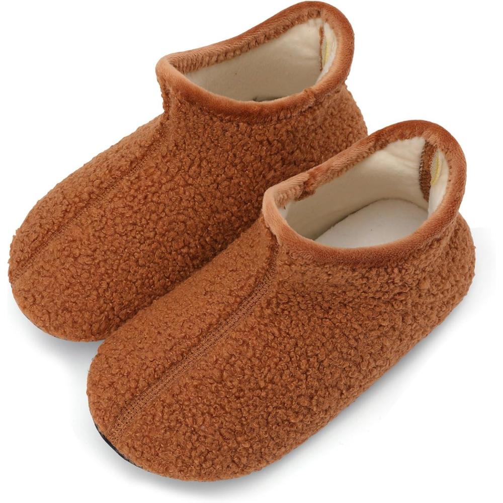Scurtain Unisex Big Kids Little Kids Slippers Socks Artificial Woolen Slippers with Non-slip Rubber Sole for Big Boys Girls Little Boys Girls(Brown/High Top)