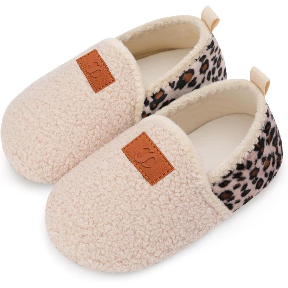 Scurtain Unisex Big Kids Little Kids Slippers Socks Artificial Woolen Slippers with Non-slip Rubber Sole for Big Boys Girls Little Boys Girls(Beige/Leopard)