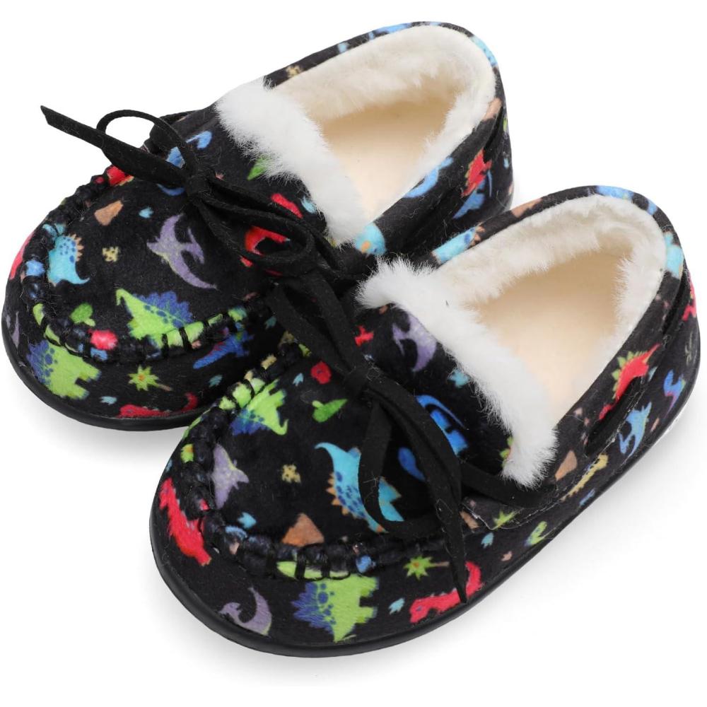 Scurtain Unisex Kids Toddler Slippers Suede Moccasin Slippers for Boys Girls Baby Lined with Warm Fur(Black/Mosasaur)