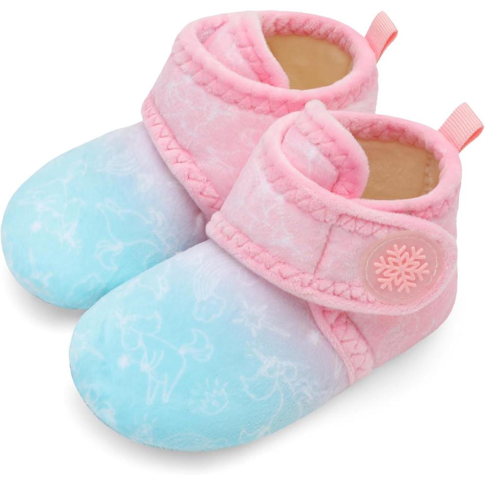 Scurtain Unisex Kids Toddler Slippers Socks Artificial Woolen Slippers with Non-slip Rubber Sole(Pink/Blue)
