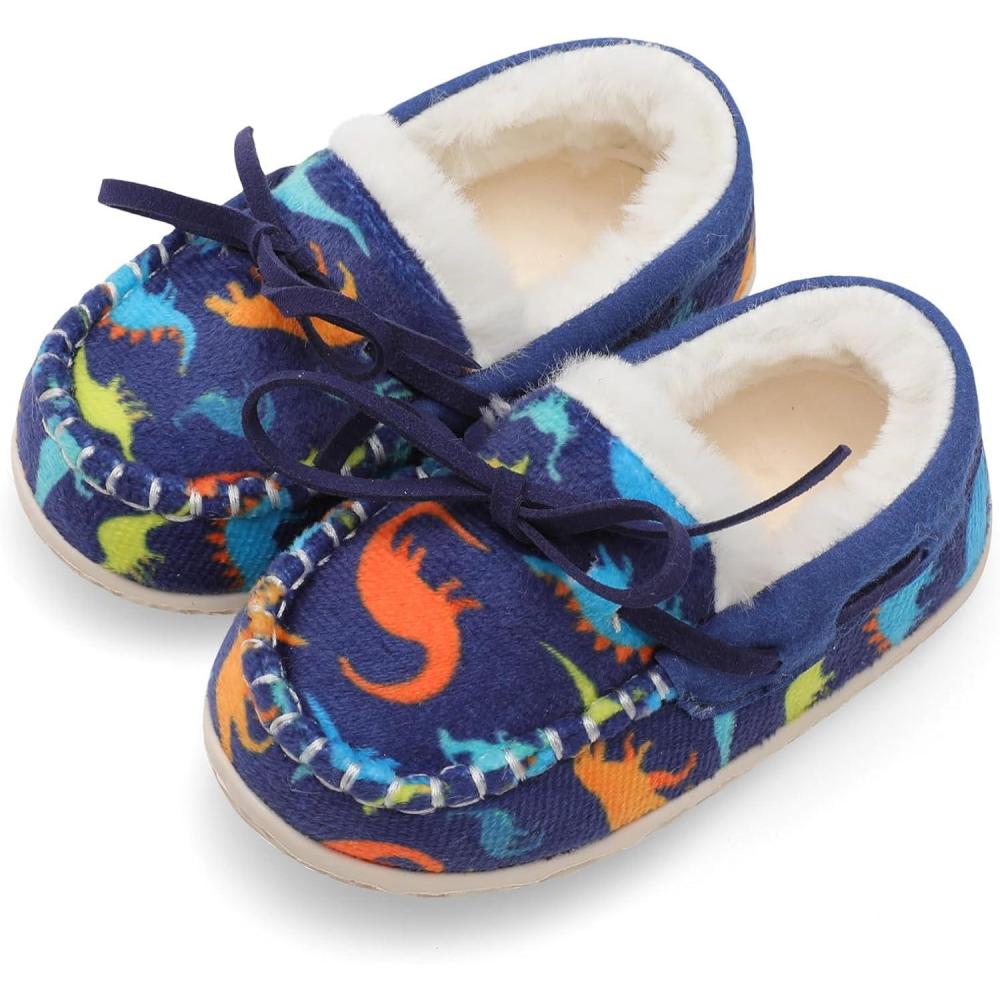 Scurtain Unisex Kids Toddler Slippers Suede Moccasin Slippers for Boys Girls Baby Lined with Warm Fur(Navy/Dinosaur)