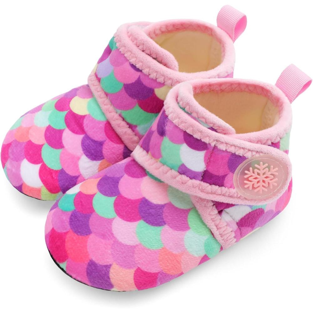 Scurtain Unisex Kids Toddler Slippers Socks Artificial Woolen Slippers with Non-slip Rubber Sole(Colorful/Pink)