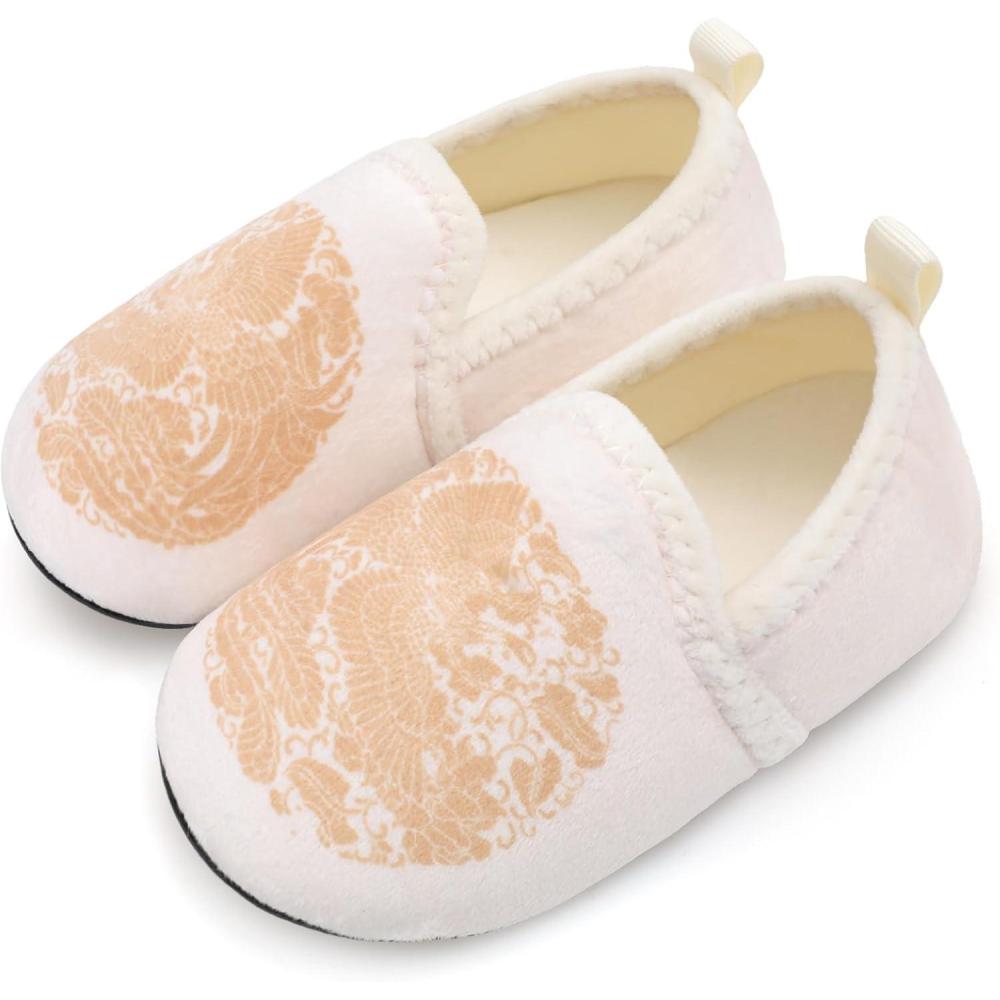 Scurtain Unisex Big Kids Little Kids Slippers Socks Artificial Woolen Slippers with Non-slip Rubber Sole for Big Boys Girls Little Boys Girls(Beige/Phoenix)