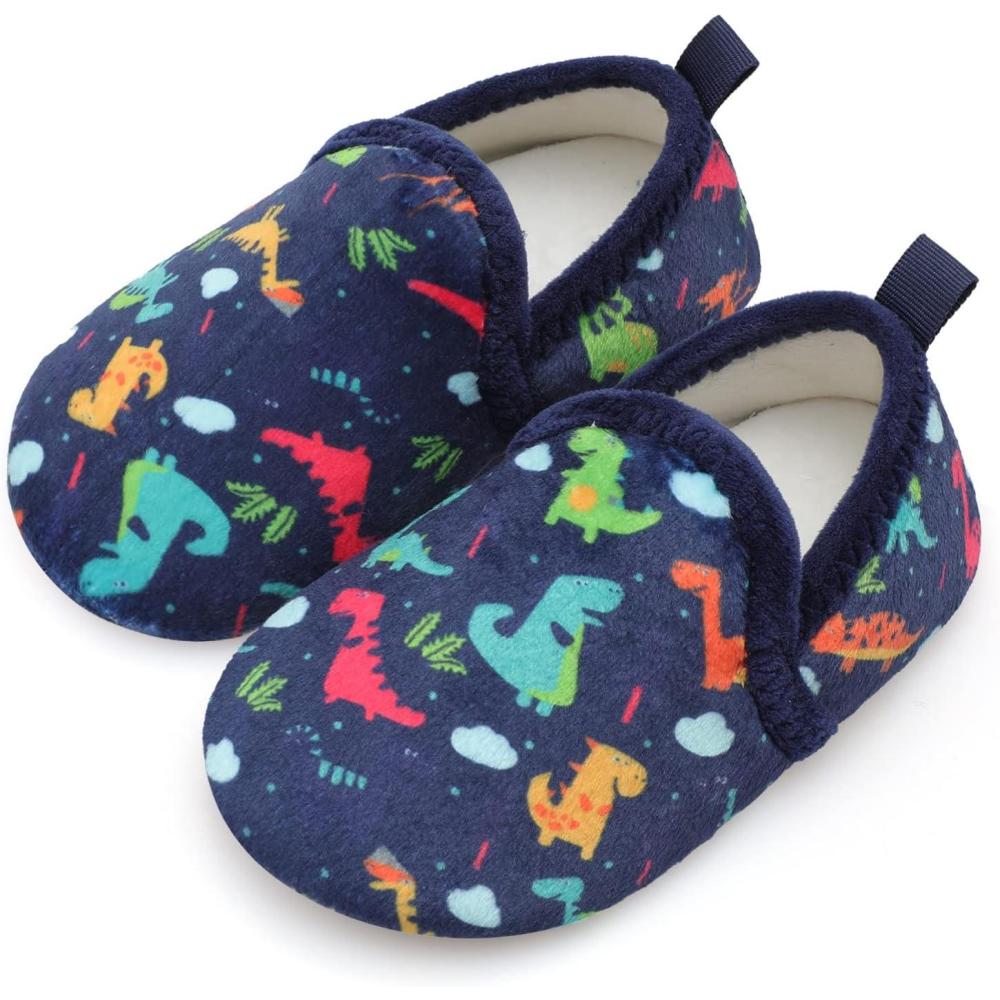 Scurtain Unisex Kids Toddler Slippers(Dark Blue/Dinosaur)