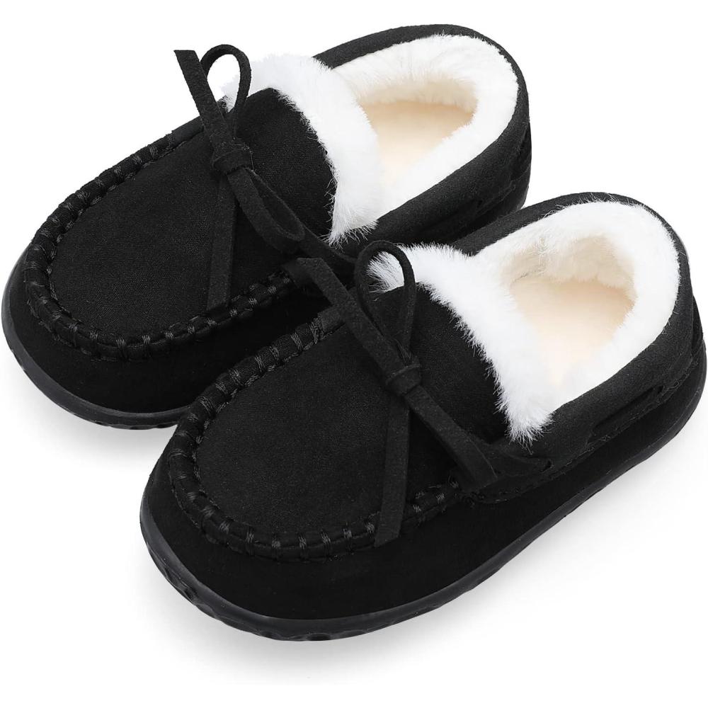 Scurtain Unisex Kids Toddler Slippers Suede Moccasin Slippers for Boys Girls Baby Lined with Warm Fur(All Black)