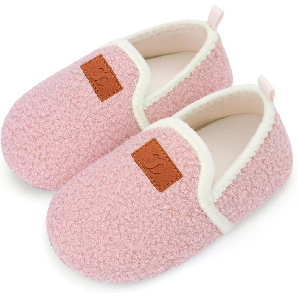 Scurtain Unisex Big Kids Little Kids Slippers Socks Artificial Woolen Slippers with Non-slip Rubber Sole for Big Boys Girls Little Boys Girls(Pink)