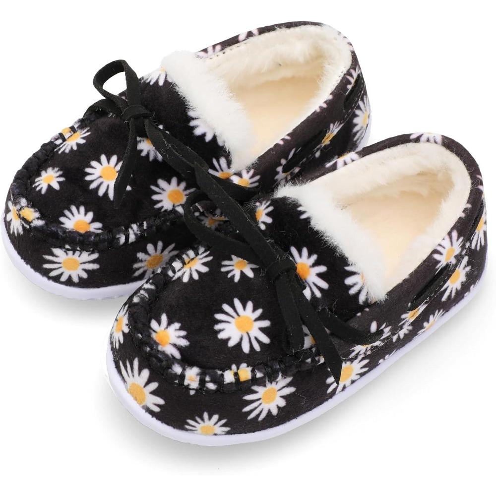 Scurtain Unisex Kids Toddler Slippers Suede Moccasin Slippers for Boys Girls Baby Lined with Warm Fur(Black/Flower)