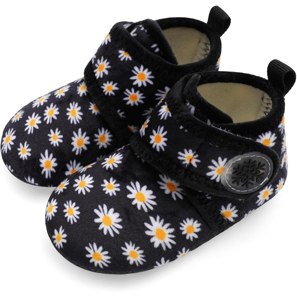 Scurtain Unisex Kids Toddler Slippers Socks Artificial Woolen Slippers with Non-slip Rubber Sole(Black/Flower)
