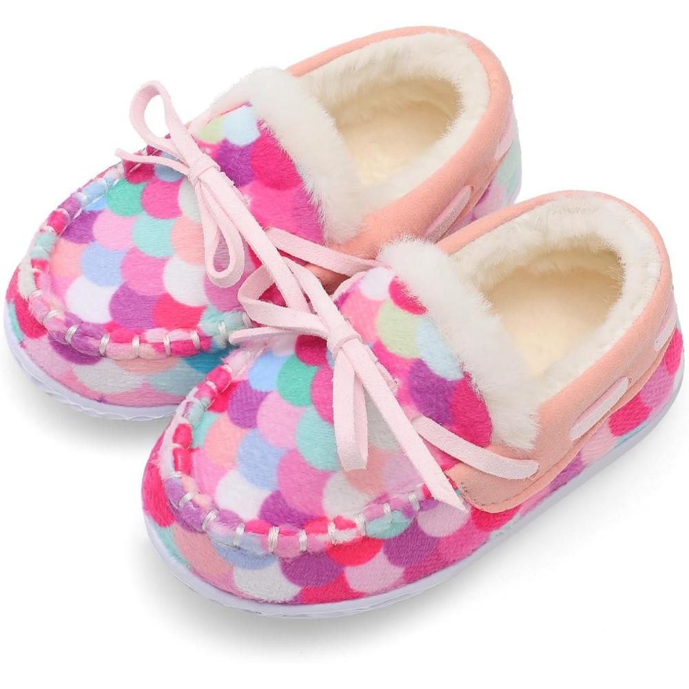 Scurtain Unisex Kids Toddler Slippers Suede Moccasin Slippers for Boys Girls Baby Lined with Warm Fur(Colorful/Circle)