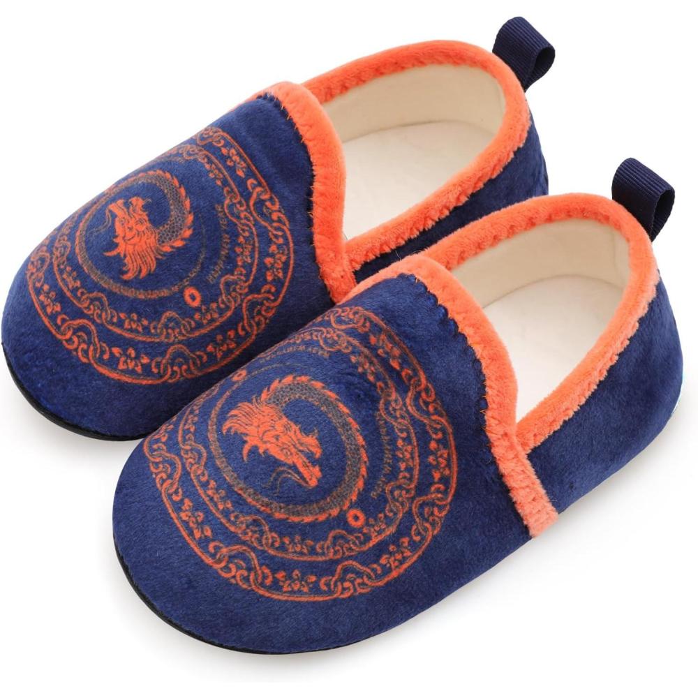 Scurtain Unisex Big Kids Little Kids Slippers Socks Artificial Woolen Slippers with Non-slip Rubber Sole for Big Boys Girls Little Boys Girls(Blue/Dragon)