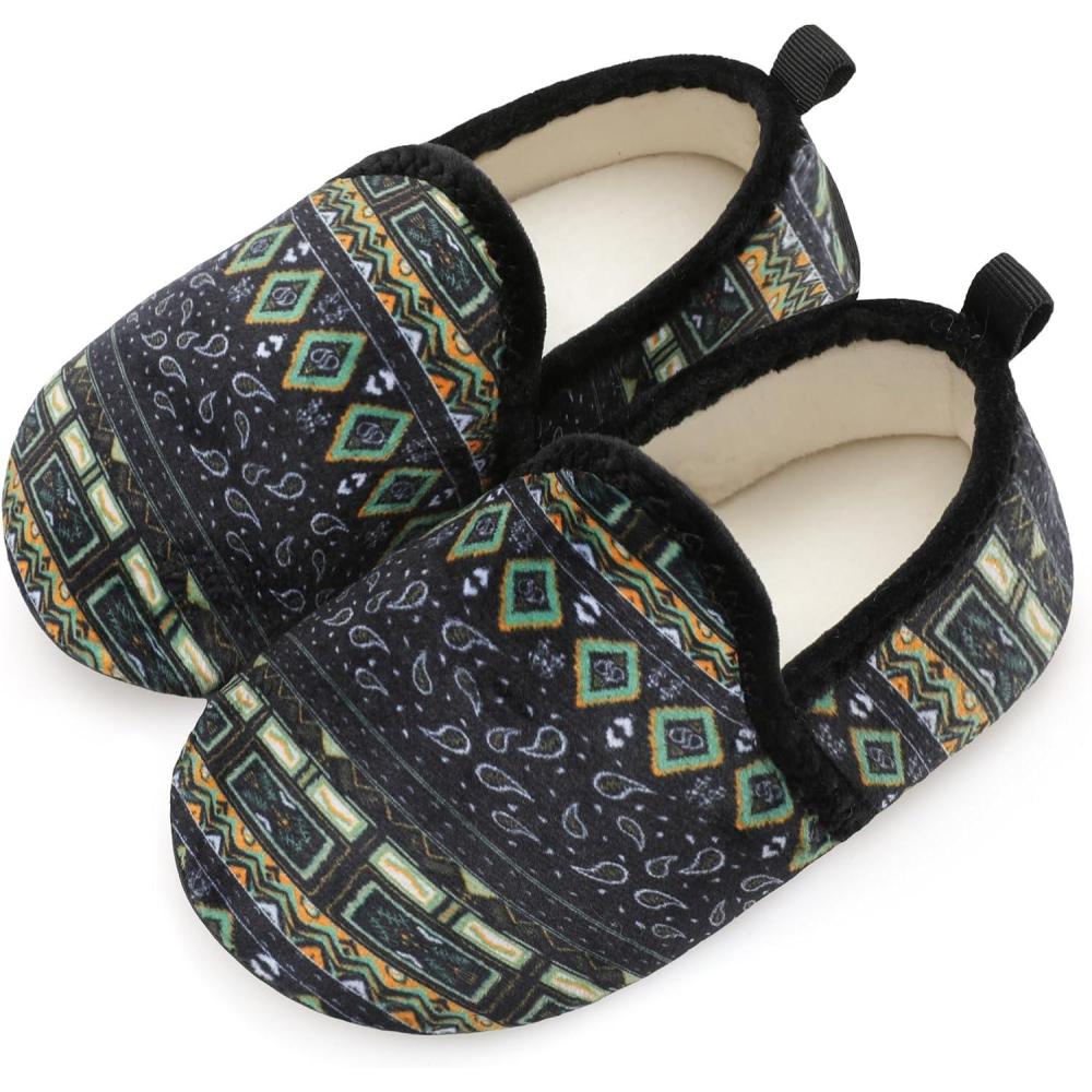 Scurtain Unisex Big Kids Little Kids Slippers Socks Artificial Woolen Slippers with Non-slip Rubber Sole for Big Boys Girls Little Boys Girls(Black/Boho)