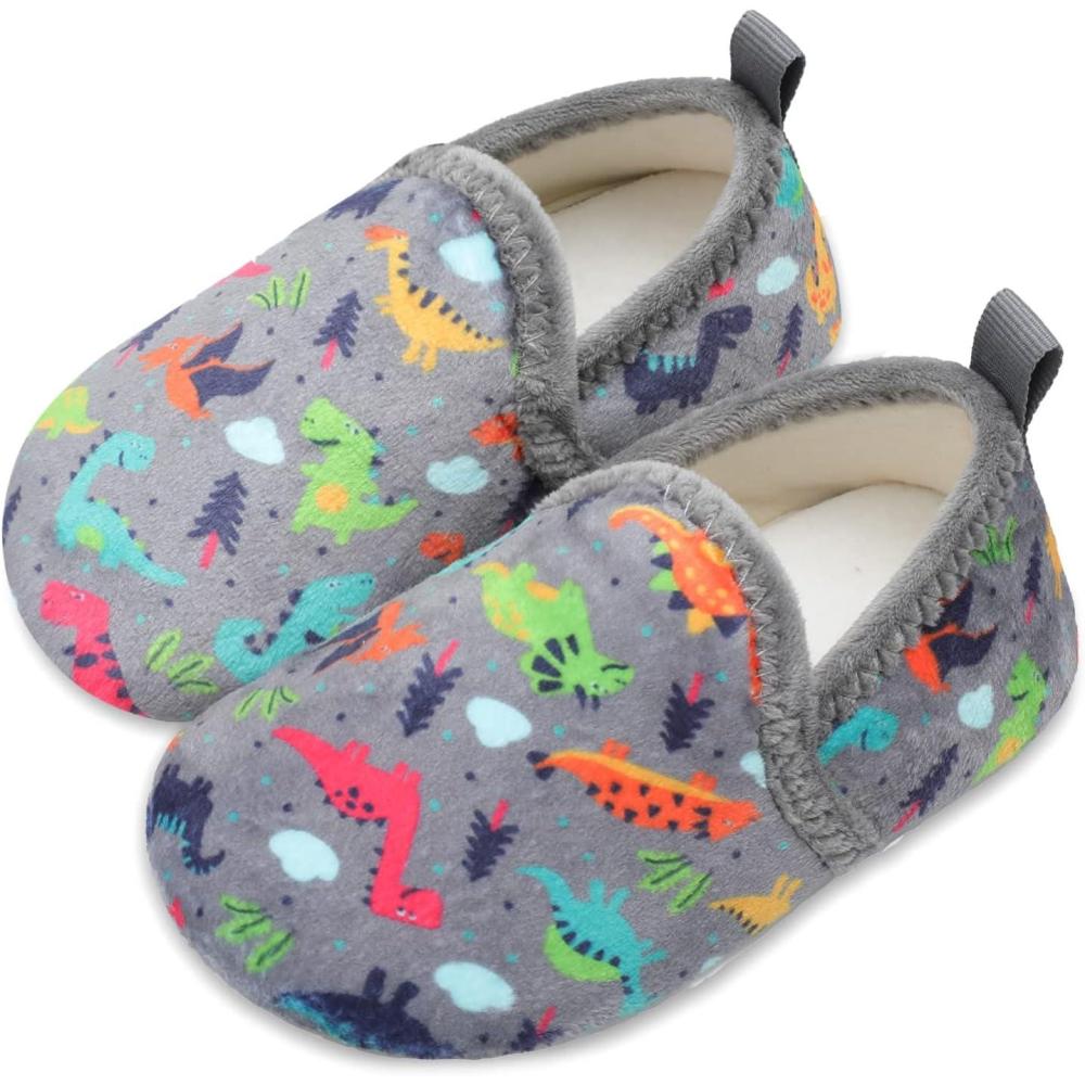 Scurtain Unisex Kids Toddler Slippers(Grey/Dinosaur)