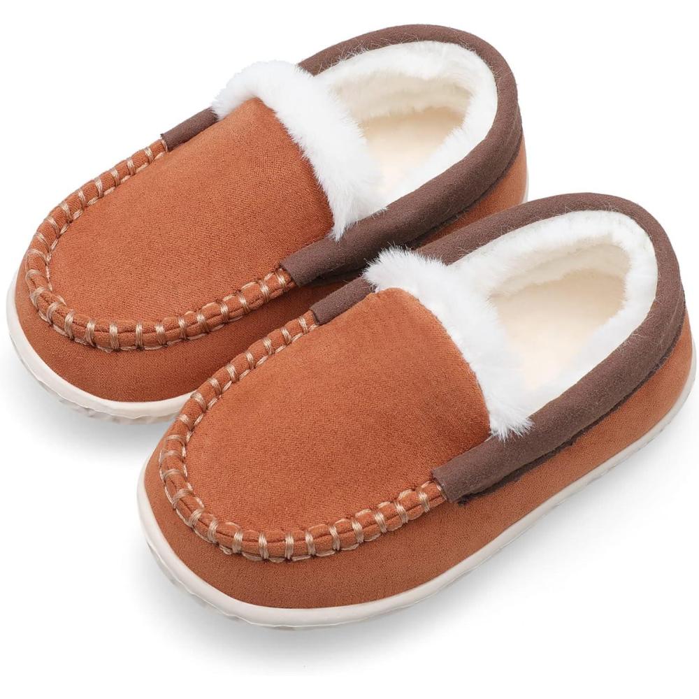 Scurtain Unisex Kids Toddler Slippers Suede Moccasin Slippers for Boys Girls Baby Lined with Warm Fur(Brown)