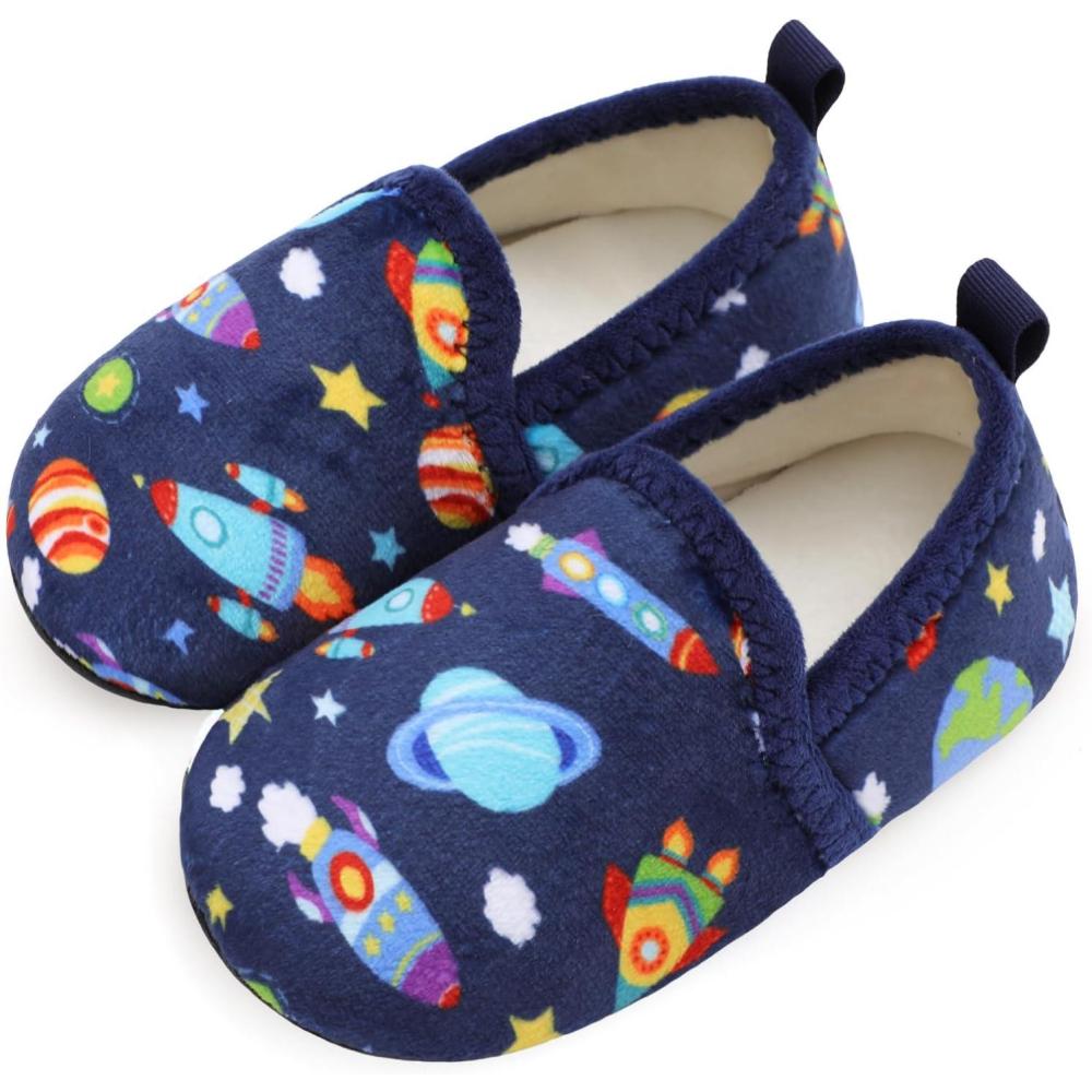 Scurtain Unisex Big Kids Little Kids Slippers Socks Artificial Woolen Slippers with Non-slip Rubber Sole for Big Boys Girls Little Boys Girls(Blue/Rocket)