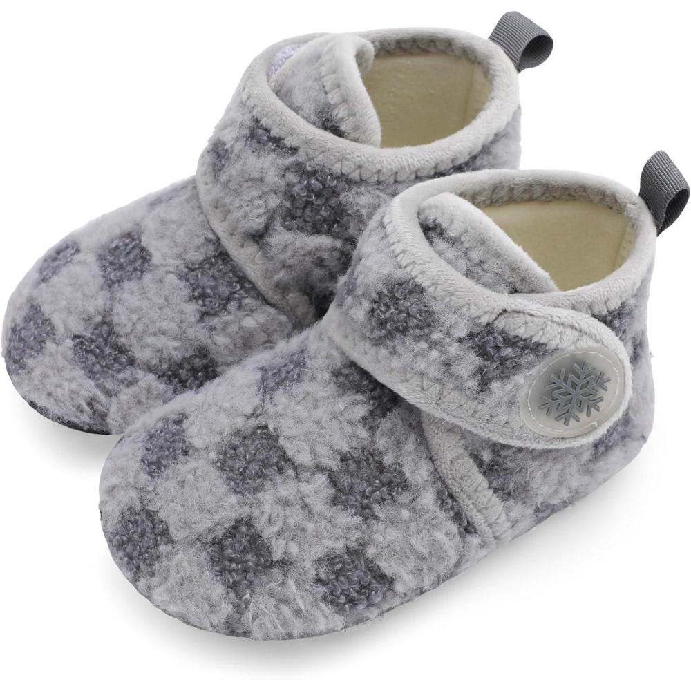 Scurtain Unisex Kids Toddler Slippers Socks Artificial Woolen Slippers with Non-slip Rubber Sole(Grey/Lattice)