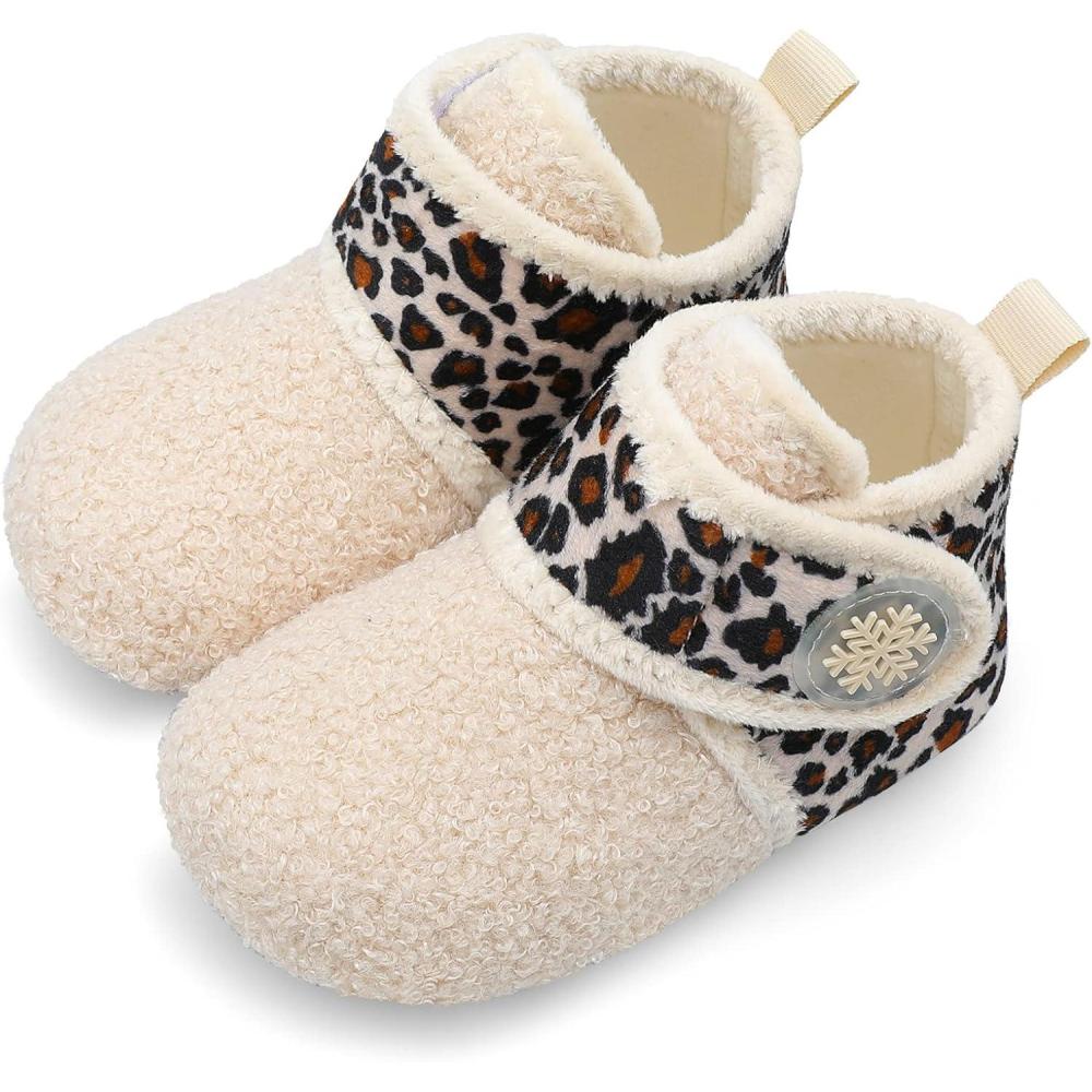 Scurtain Unisex Kids Toddler Slippers Socks Artificial Woolen Slippers with Non-slip Rubber Sole(A Beige/Leopard)