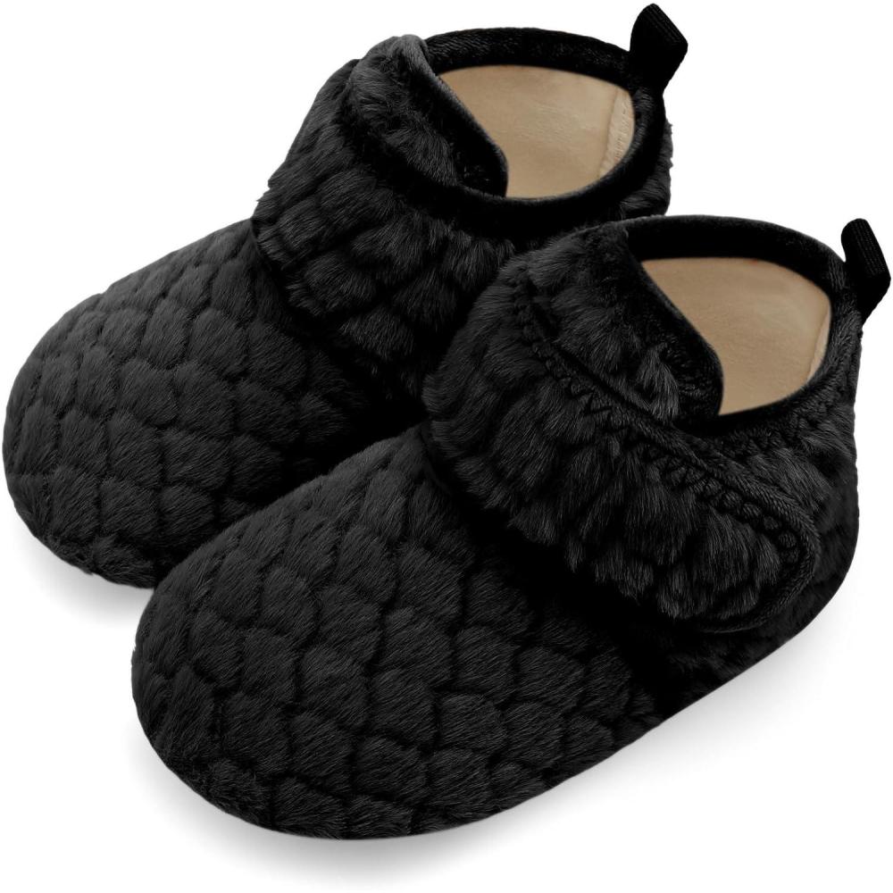 Scurtain Unisex Kids Toddler Slippers Socks Artificial Woolen Slippers with Non-slip Rubber Sole(All Black)