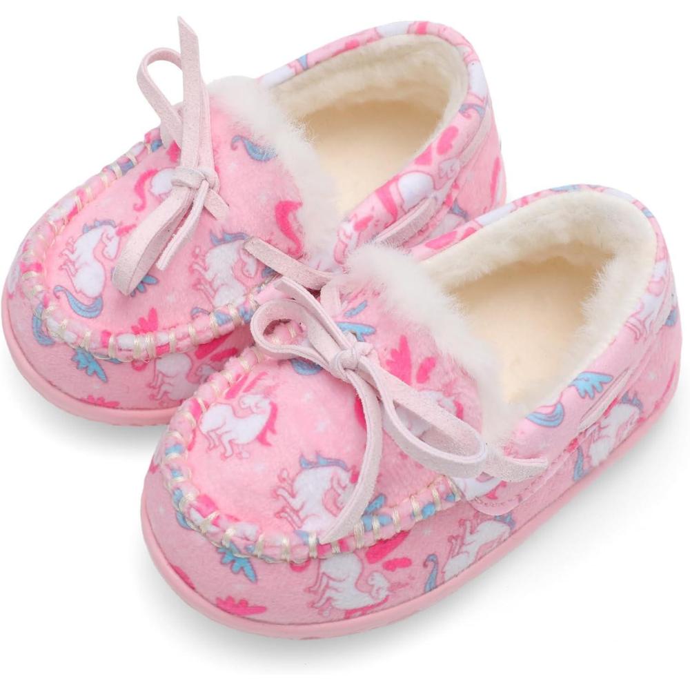 Scurtain Unisex Kids Toddler Slippers Suede Moccasin Slippers for Boys Girls Baby Lined with Warm Fur(Pink/Horse)