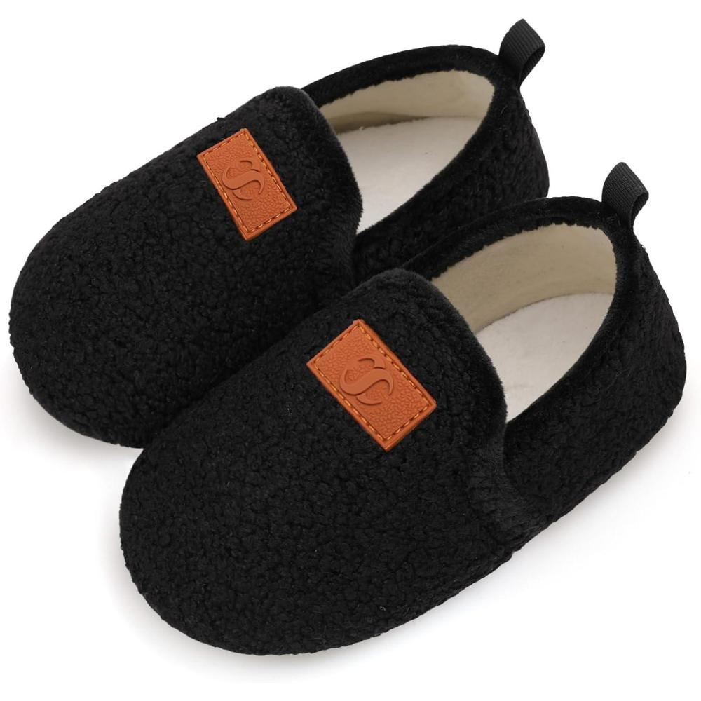 Scurtain Unisex Big Kids Little Kids Slippers Socks Artificial Woolen Slippers with Non-slip Rubber Sole for Big Boys Girls Little Boys Girls(Black)
