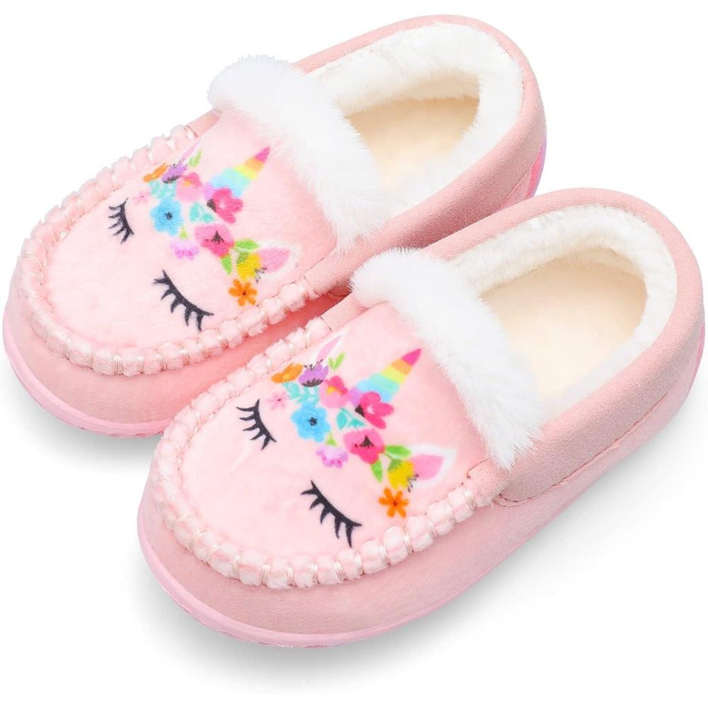 Scurtain Unisex Kids Toddler Slippers Suede Moccasin Slippers for Boys Girls Baby Lined with Warm Fur(Pink/Elf)