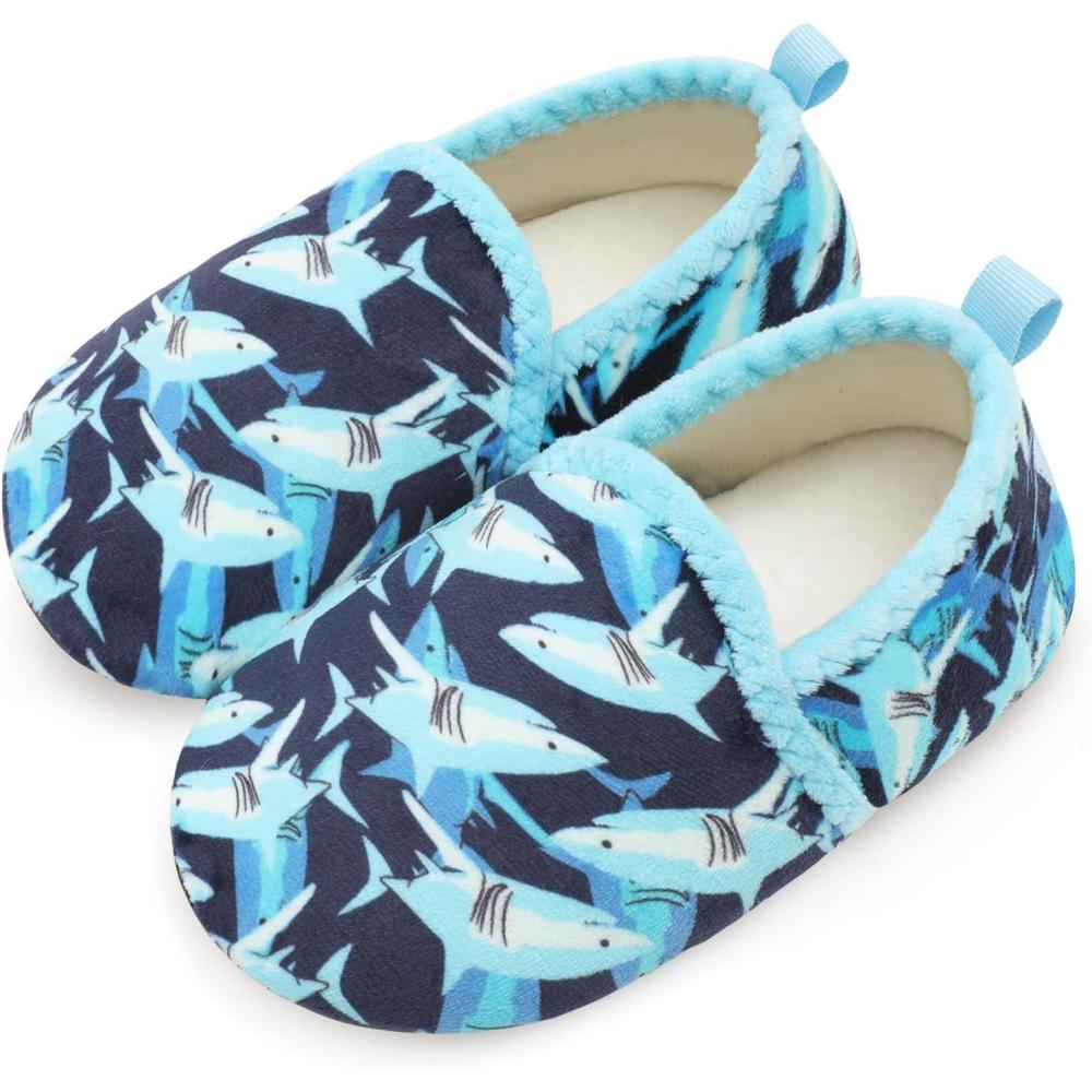 Scurtain Unisex Big Kids Little Kids Slippers Socks Artificial Woolen Slippers with Non-slip Rubber Sole for Big Boys Girls Little Boys Girls(Blue/Shark)