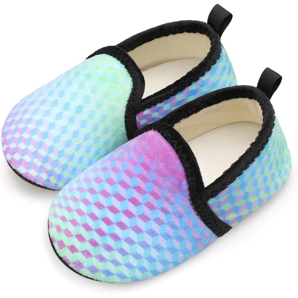 Scurtain Unisex Big Kids Little Kids Slippers Socks Artificial Woolen Slippers with Non-slip Rubber Sole for Big Boys Girls Little Boys Girls(Blue/Fusion)