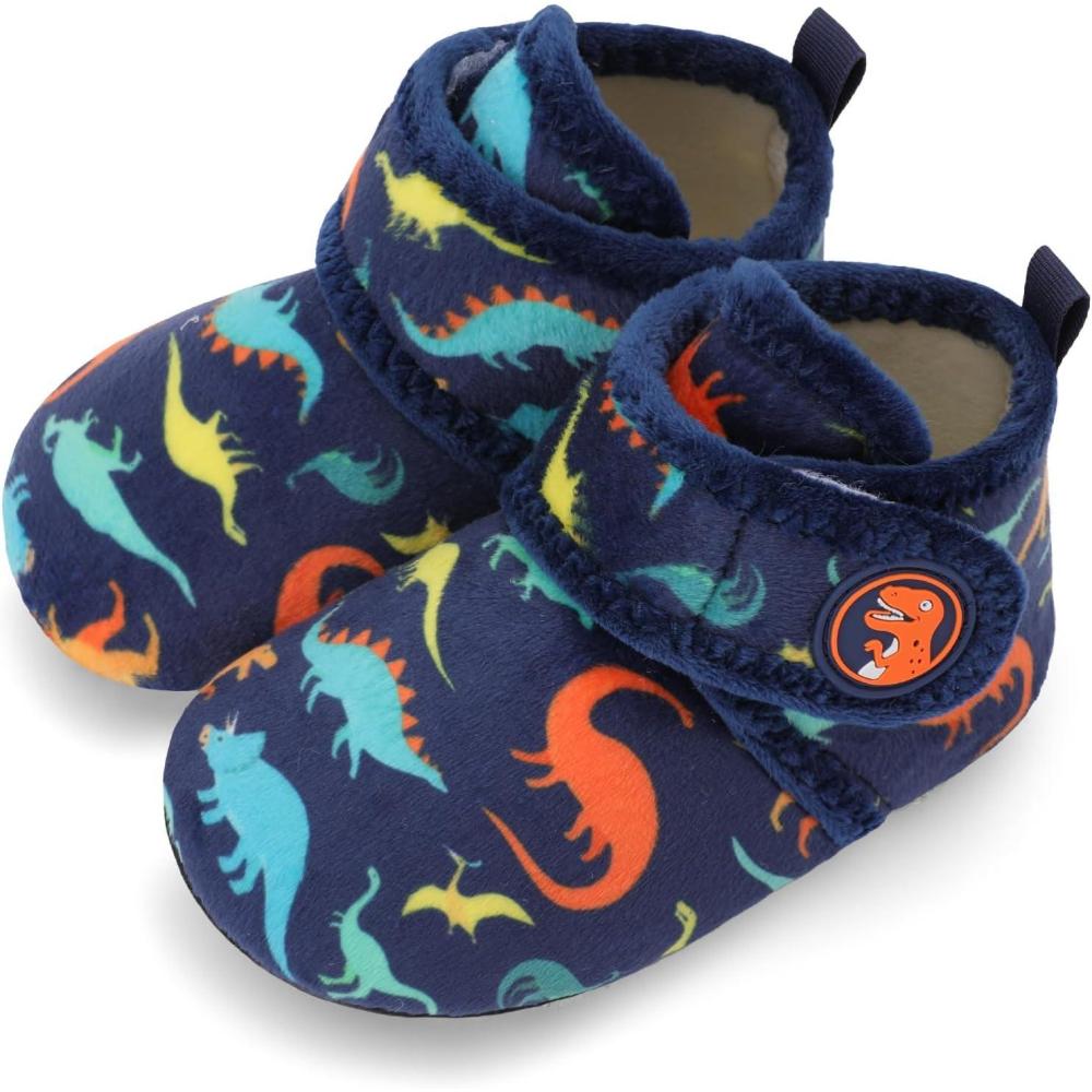Scurtain Unisex Kids Toddler Slippers Socks Artificial Woolen Slippers with Non-slip Rubber Sole(Navy/Dinosaur)