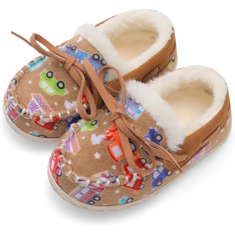 Scurtain Unisex Kids Toddler Slippers Suede Moccasin Slippers for Boys Girls Baby Lined with Warm Fur(Brown/Car)