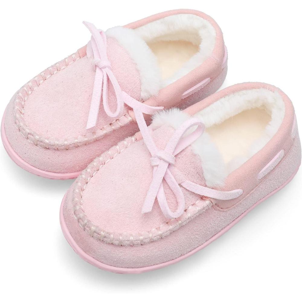 Scurtain Unisex Kids Toddler Slippers Suede Moccasin Slippers for Boys Girls Baby Lined with Warm Fur(Pink)