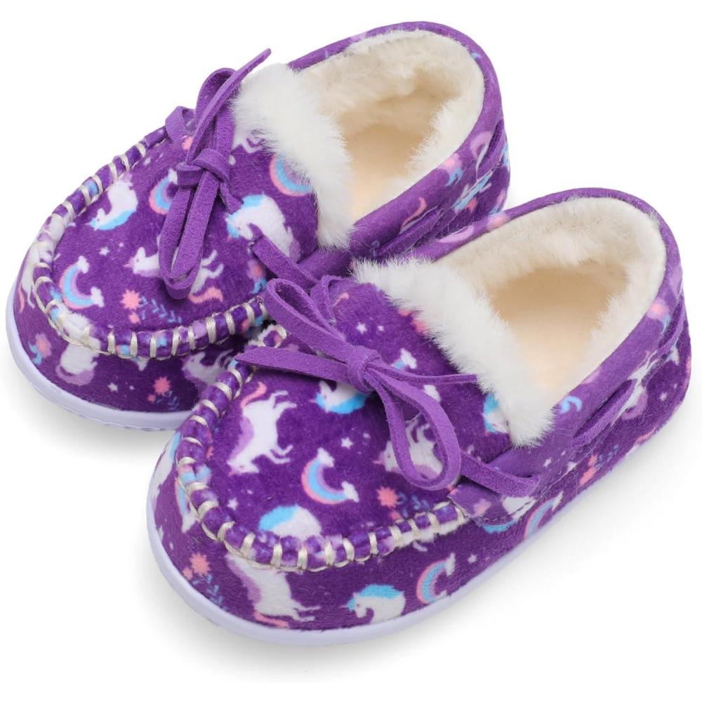 Scurtain Unisex Kids Toddler Slippers Suede Moccasin Slippers for Boys Girls Baby Lined with Warm Fur(Purple/Elf)