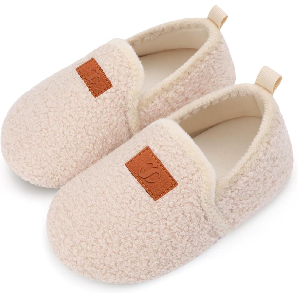 Scurtain Unisex Big Kids Little Kids Slippers Socks Artificial Woolen Slippers with Non-slip Rubber Sole for Big Boys Girls Little Boys Girls(Beige)